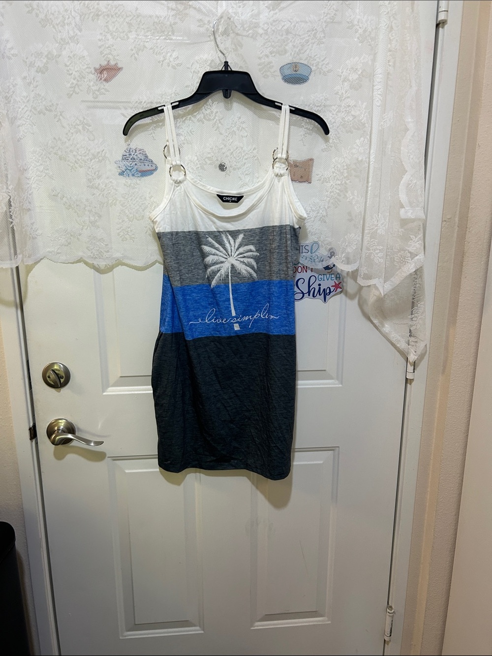 Chicme Colorblock Palm-Print Mini Dress in White, Blue & Charcoal